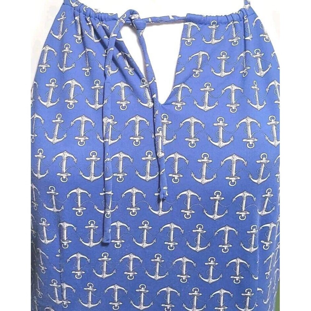 Sleeveless Blue Anchor-Print Midi Dress with Tie Neck - Picture 6 of 11